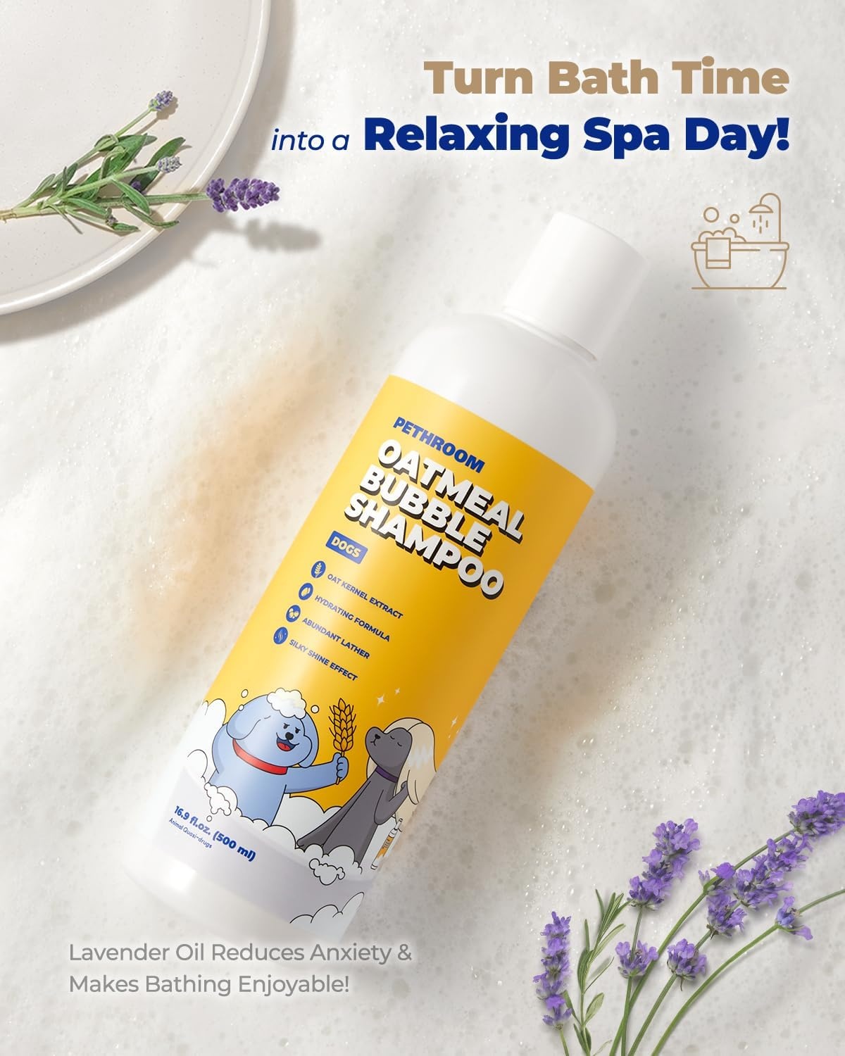 image:imagePETHROOM Premium Oatmeal Dog Shampoo for Itchy Sensitive Skin Hypoallergenic with Oat Hemp Lavender amp Milk Protein for Dry Skin Treatment and Allergy Relief 169 oz