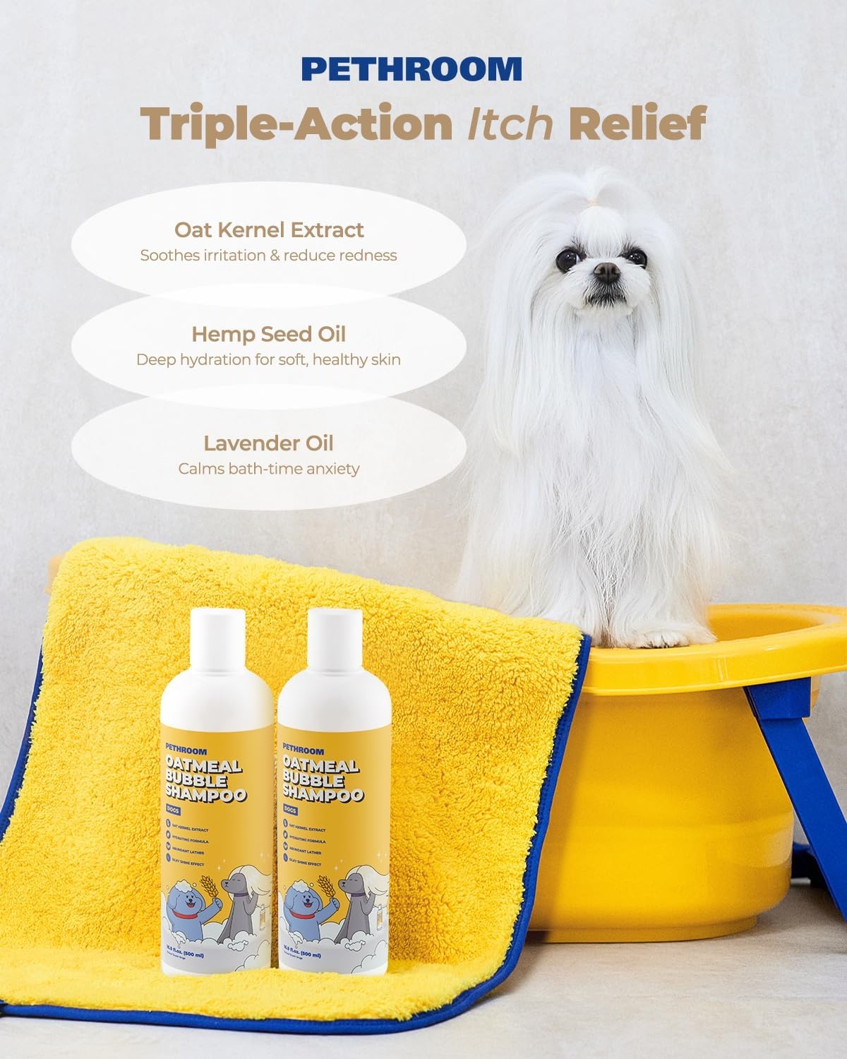 image:imagePETHROOM Premium Oatmeal Dog Shampoo for Itchy Sensitive Skin Hypoallergenic with Oat Hemp Lavender amp Milk Protein for Dry Skin Treatment and Allergy Relief 169 oz