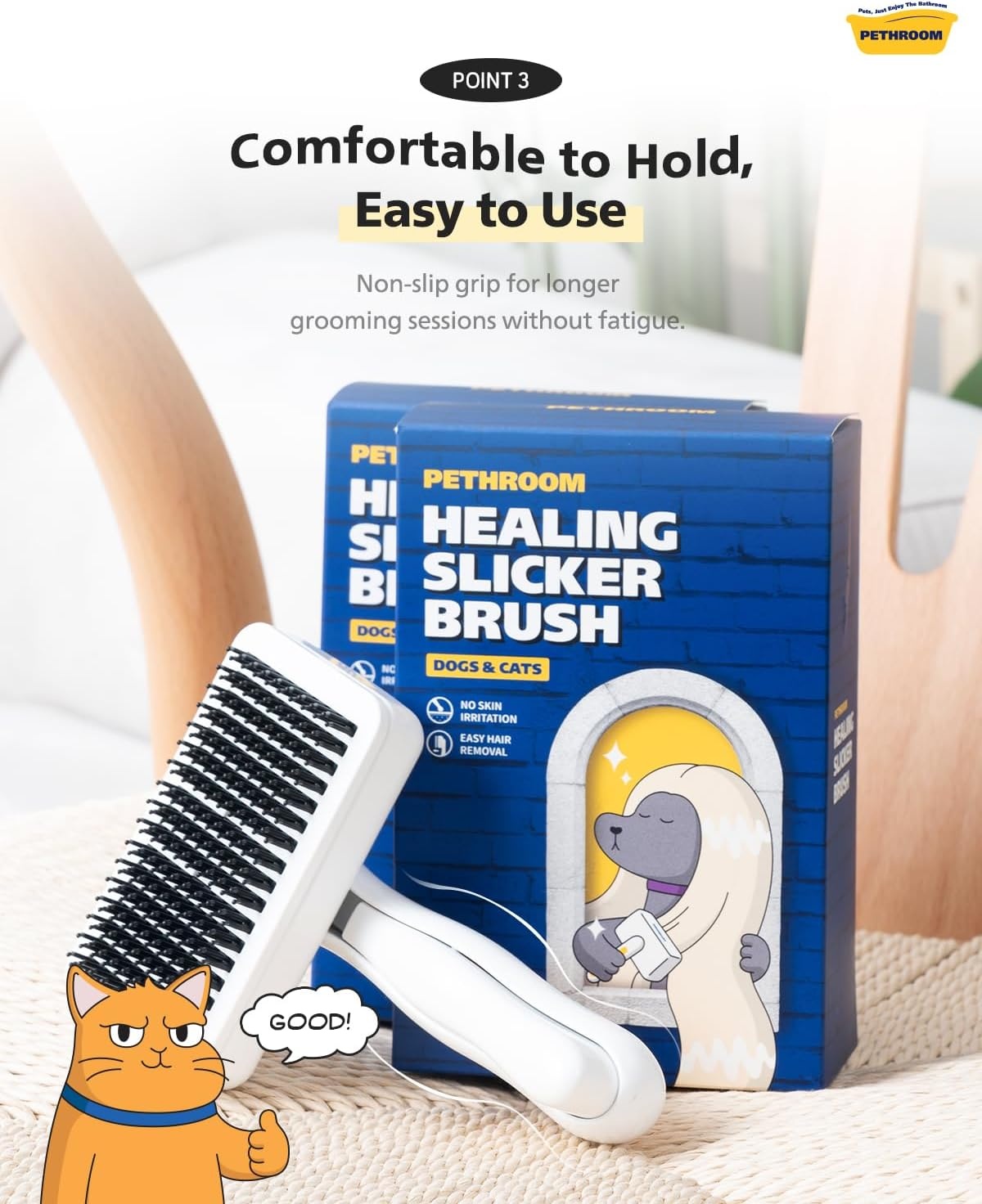 image:imagePETHROOM SelfCleaning Slicker Brush for Dogs amp Cats Gentle Grooming amp Deshedding Tool Removes Mats amp Tangles SkinFriendly Coated Tips OneTouch Hair Removal Button