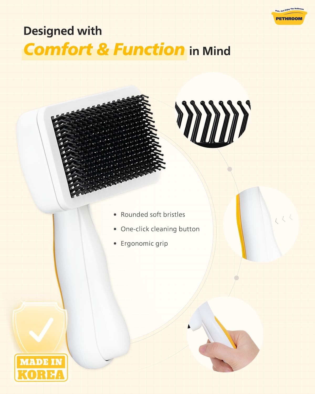 image:imagePETHROOM SelfCleaning Slicker Brush for Dogs amp Cats Gentle Grooming amp Deshedding Tool Removes Mats amp Tangles SkinFriendly Coated Tips OneTouch Hair Removal Button