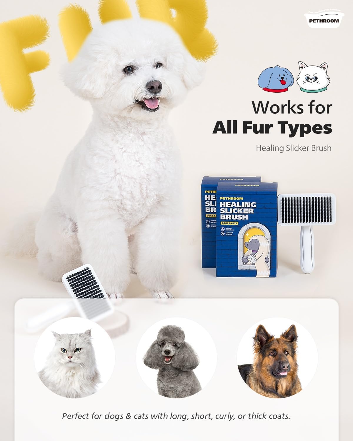 image:imagePETHROOM SelfCleaning Slicker Brush for Dogs amp Cats Gentle Grooming amp Deshedding Tool Removes Mats amp Tangles SkinFriendly Coated Tips OneTouch Hair Removal Button
