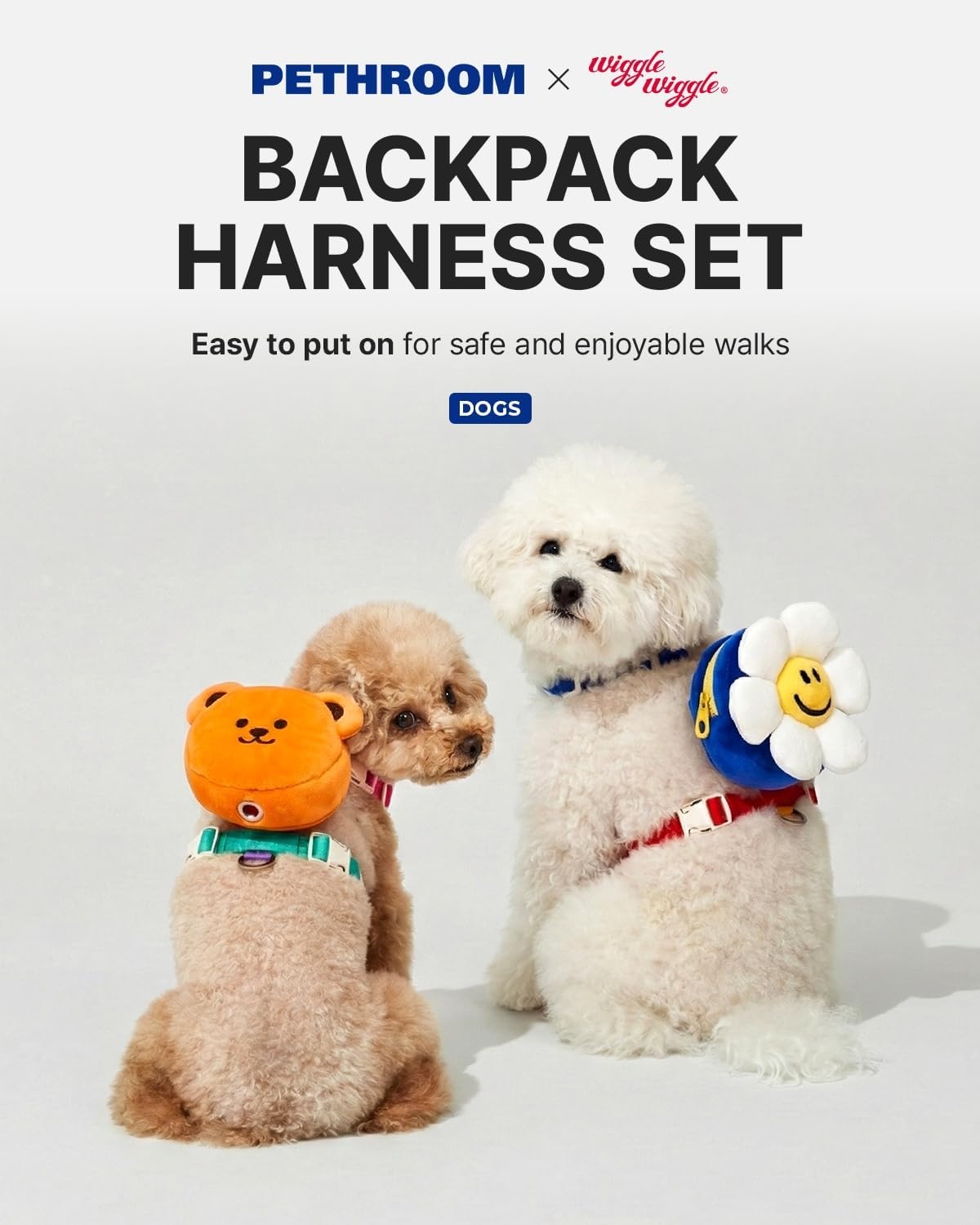 image:imagePETHROOM Wiggle Wiggle Smile We Love Dog Backpack Harness with Leash Cute FlowerShaped Mini Backpack NoPull Adjustable Harness for Small Medium Dogs Ideal for Travel Camping amp Hiking LargeSmile We Love