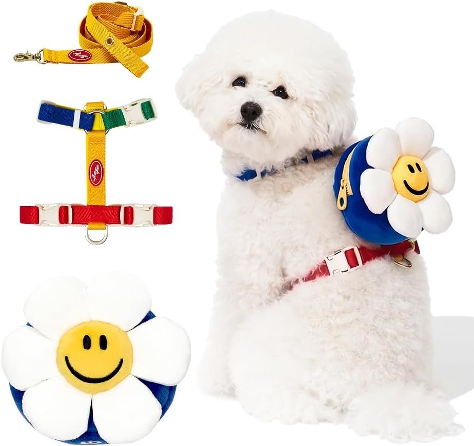 image:imagePETHROOM Wiggle Wiggle Smile We Love Dog Backpack Harness with Leash Cute FlowerShaped Mini Backpack NoPull Adjustable Harness for Small Medium Dogs Ideal for Travel Camping amp Hiking LargeSmile We Love