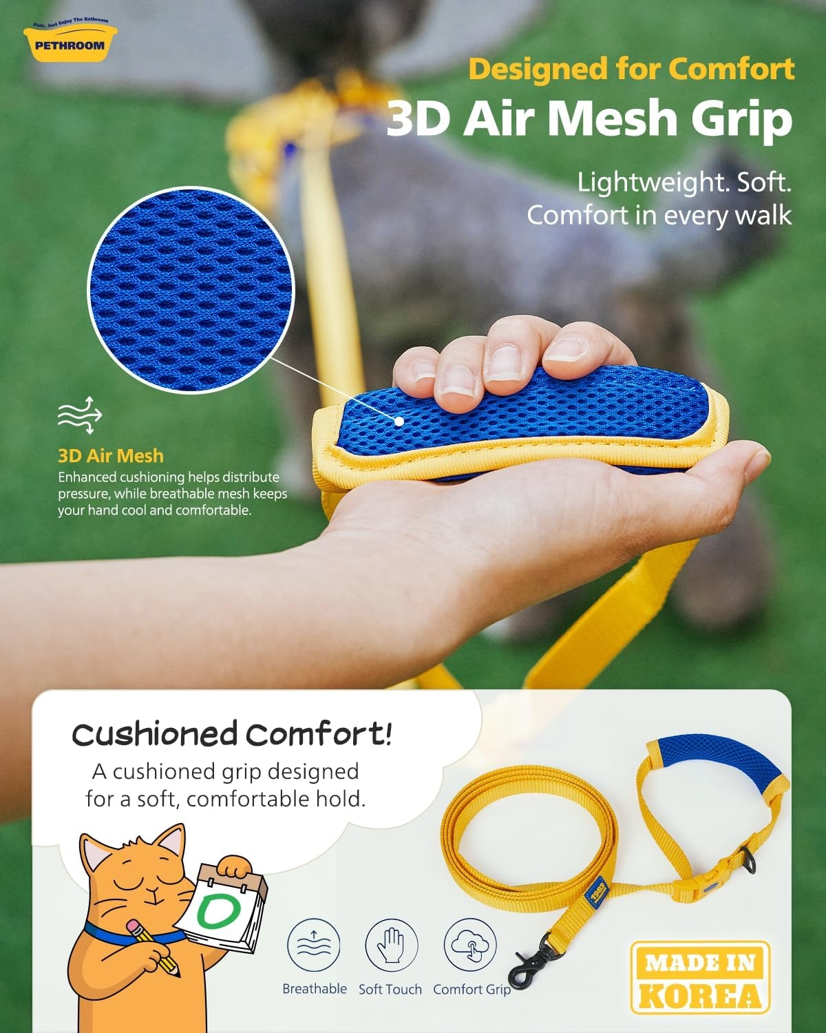 image:imagePETHROOM Comfort Leash 20 Pet Leash 6FT Adjustable TripleWebbing 3D Mesh Soft Handle 360 AntiTangle Secure Walking Quick Stops Lightweight Up to 44 lbs Yellow Blue