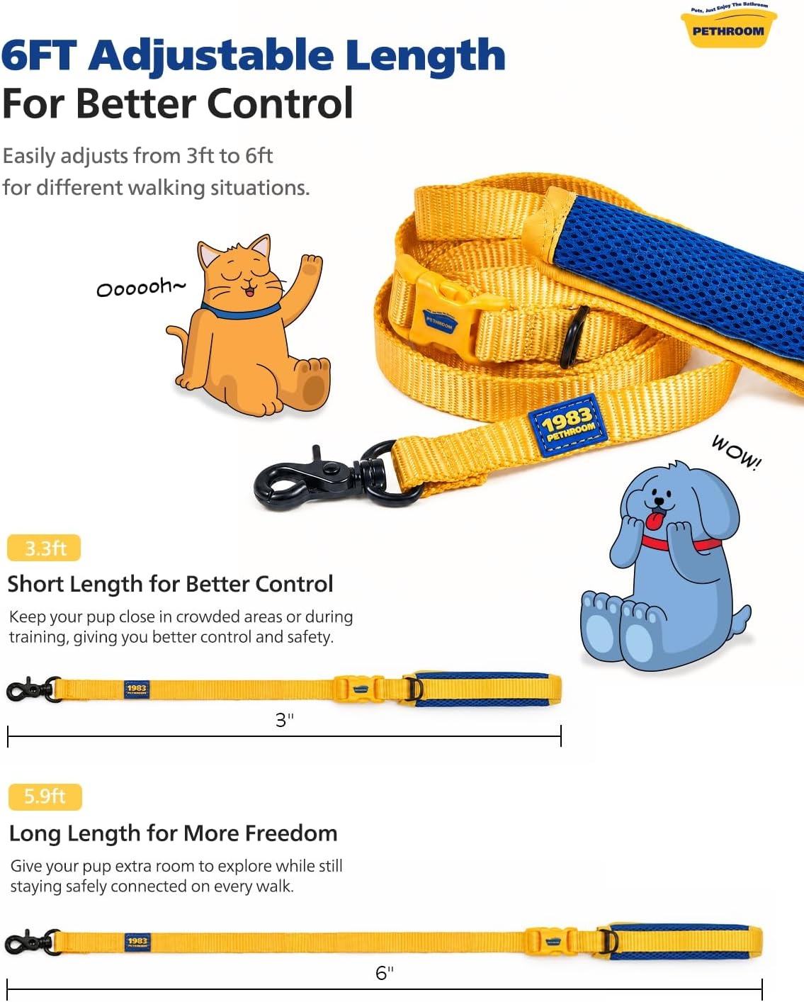 image:imagePETHROOM Comfort Leash 20 Pet Leash 6FT Adjustable TripleWebbing 3D Mesh Soft Handle 360 AntiTangle Secure Walking Quick Stops Lightweight Up to 44 lbs Yellow Blue