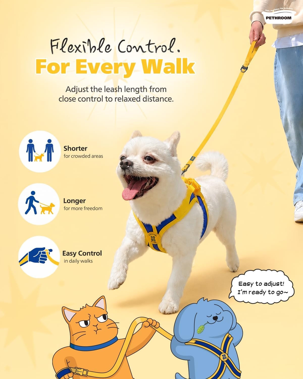 image:imagePETHROOM Comfort Leash 20 Pet Leash 6FT Adjustable TripleWebbing 3D Mesh Soft Handle 360 AntiTangle Secure Walking Quick Stops Lightweight Up to 44 lbs Yellow Blue