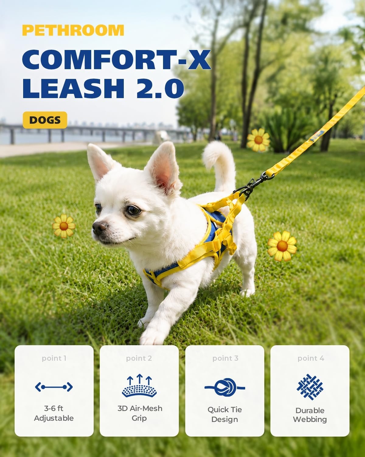 image:imagePETHROOM Comfort Leash 20 Pet Leash 6FT Adjustable TripleWebbing 3D Mesh Soft Handle 360 AntiTangle Secure Walking Quick Stops Lightweight Up to 44 lbs Yellow Blue